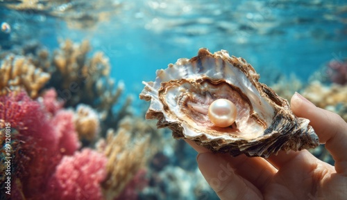 An open oyster shell with a smooth, shiny pearl nestled inside amid vibrant underwater coral reef scenery