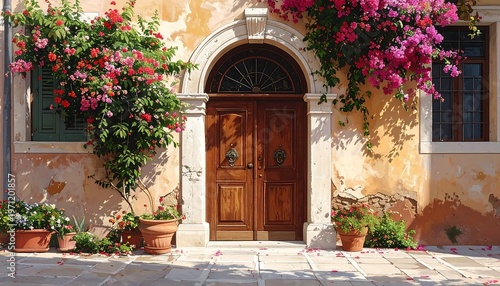 Old house with wooden door and pink flowers