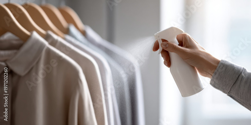 Hand Spraying Clothes on Wooden Hangers