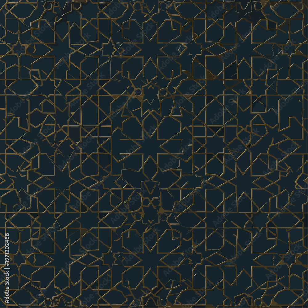 Fototapeta premium Intricate gold geometric pattern on a dark blue background, creating a stylish seamless design.
