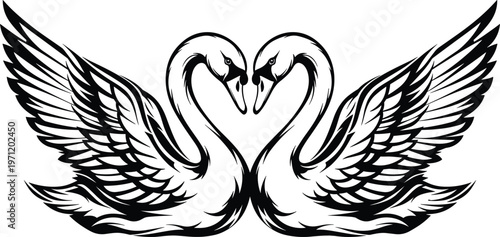 Swan heart illustration set, romantic love artwork design, harmony vector motif, bold graphic icon, black white balance symbol