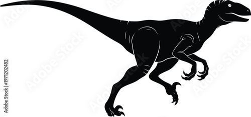 Velociraptor dinosaur silhouette illustration set, prehistoric predator artwork design, fossil vector motif, bold graphic icon, black white Jurassic symbol