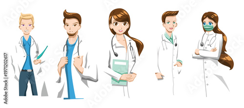 Professional avatar icons set with doctors, police officers and workers. A collection of flat design vector icons depicting medical staff including a surgeon doctors a nurse, vector illustration.