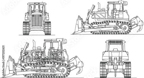 Bulldozer technical drawing illustration set, construction machinery artwork design, engineering vector motif, bold graphic icon, black white industrial symbol