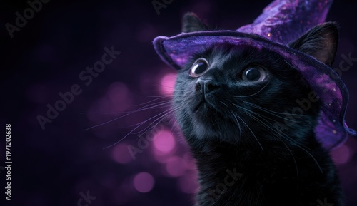 Black cat wearing a purple witches hat with glowing light, mystical and magical atmosphere, detailed fur and vibrant colors
