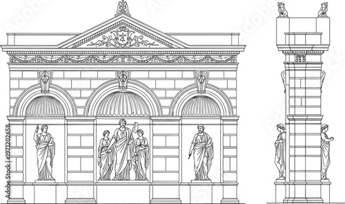 Classical arch architectural illustration set, monument façade artwork design, heritage vector motif, bold graphic icon, black white symmetry symbol