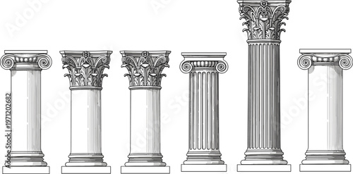 Classical column illustration set, ancient architecture artwork design, Greek Roman vector motif, bold graphic icon, black white cultural symbol