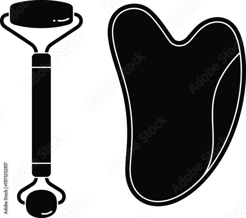 Facial roller gua sha illustration set, skincare beauty artwork design, wellness vector motif, bold graphic icon, black white spa symbol