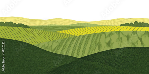A stylized digital illustration of a rolling agricultural landscape under a bright pale sky
