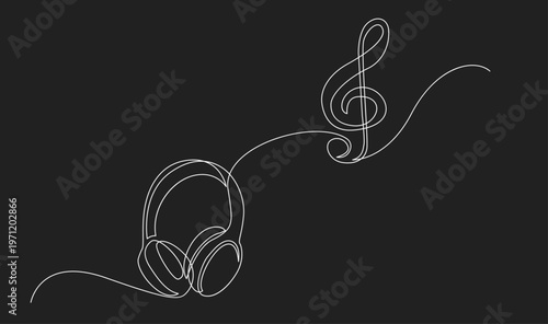 Continuous line drawing of headphones and a treble clef, symbolizing music and sound, on a dark background.