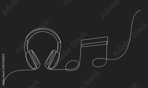Minimalist Continuous Line Drawing of Headphones and Musical Note on Dark Background
