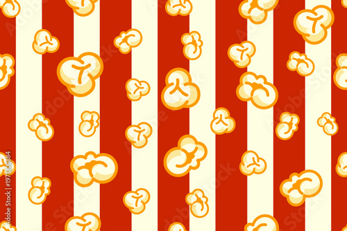 Popcorn Seamless Pattern on Red and White Stripes Vector Illustration