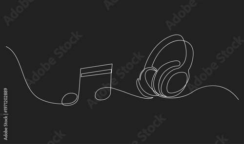Continuous Line Art of Musical Note and Headphones. Minimalist One-Line Drawing Representing Music, Sound, and Audio Entertainment.