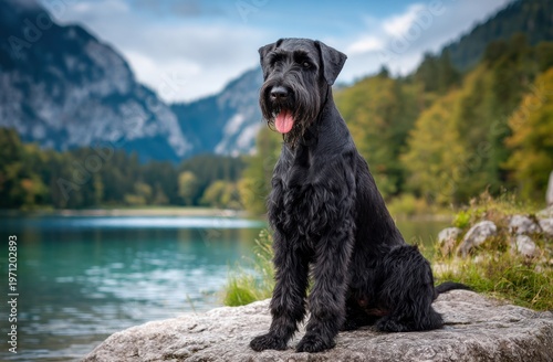Black giant schnauzer sitting on a rock by a clear lake with mountainous landscape in background