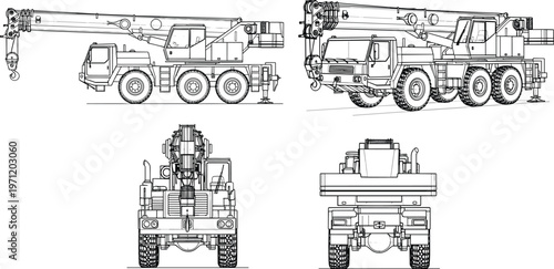 Mobile crane truck illustration set, construction machinery artwork design, engineering vector motif, bold graphic icon, black white technical symbol