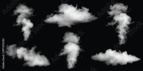 A collection of various white cloud and smoke shapes isolated on a solid black background design