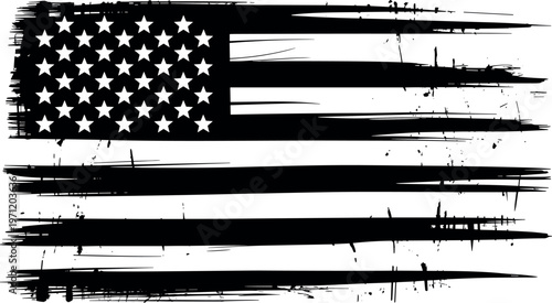 American USA flag waving in wind with grunge texture and monochrome aesthetic for patriotic design and vintage concept