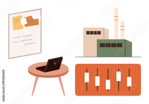 Industrial management, production planning, remote work, project organization, quality control, digital transformation. Factory building with a laptop, task board and adjustment sliders. Industrial