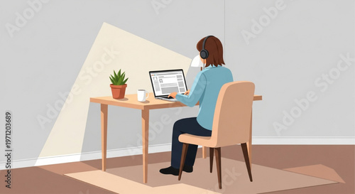 Remote Work Scene with Person Using Laptop at Home Office Minimal Flat Vector Illustration Soft Lighting