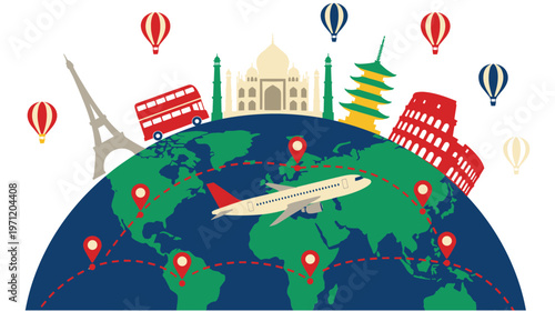 Global travel and tourism concept with world landmarks and airplane.
