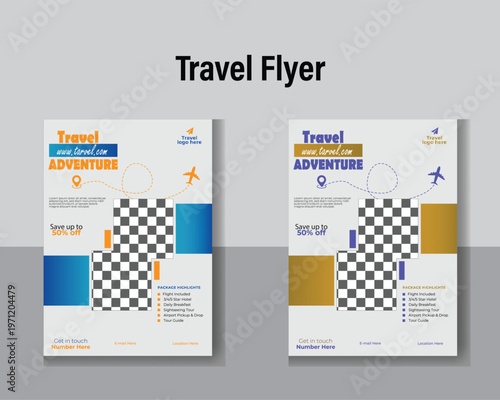 Modern and professional travel flyer or brochure template featuring a clean layout, flight path graphics, and placeholders for images. Perfect for travel agencies, tour operators, and vacation package