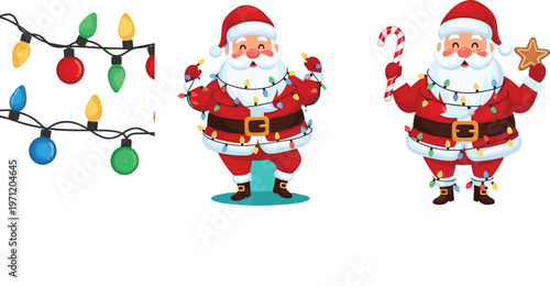 Santa Claus with Christmas Lights Vector Set Featuring Festive Holiday Character, Candy Cane and Decorative String Lights Illustration Collection