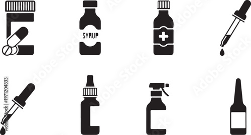 Black and white icons of various medicine bottles and tools