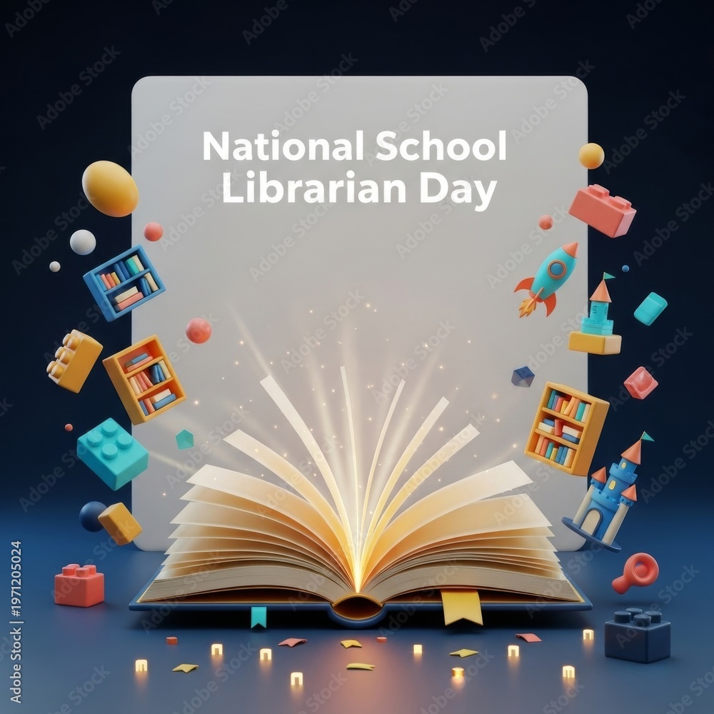 Obraz premium National School Librarian Day celebration with open book and playful icons