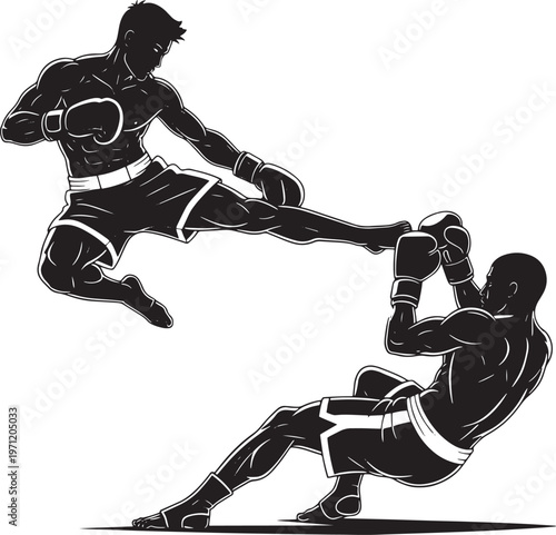 Dynamic vector illustration of two male martial arts fighters in action, one airborne delivering a powerful kick, the other defending, depicting strength and competitive spirit