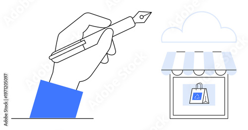 E-commerce, online shopping, creativity, content creation, branding, digital marketing. Hand holding a pen next to an online store icon. E-commerce and online shopping concept