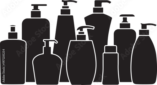 A group of black bottles with pumps on a white background