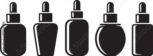 Five black dropper bottles on a white background