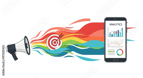 Digital Marketing Analytics: Megaphone, Target, Data Charts on Smartphone