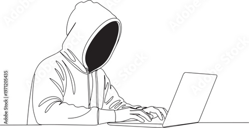 Anonymous hooded figure working on a laptop, a clear visual representing cybersecurity threats, online privacy concerns, the concept of hacking, and digital anonymity