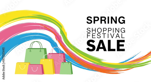 Spring Shopping Festival Sale with Colorful Bags and Abstract Brush Strokes