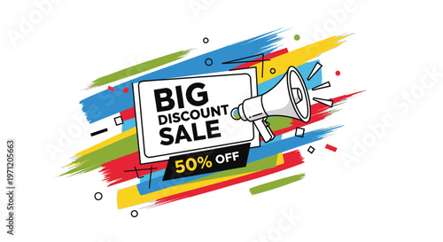 Big Discount Sale 50% Off Megaphone Announcement Banner with Brush Strokes