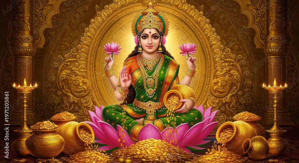Fototapeta premium Opulent Goddess Lakshmi surrounded by pots of gold coins and ornate architecture Hindu goddess