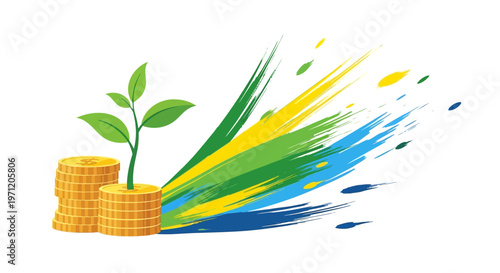 Financial Growth Concept: Plant Sprouting from Stacked Coins, Abstract Brush Strokes