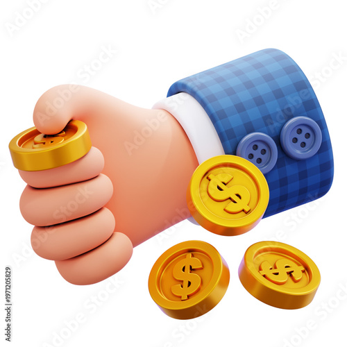 Hand holding gold coins, symbolizing wealth and financial success, business growth, investment, and profit in a 3D illustration