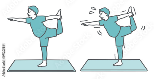 笑顔でヨガ（ダンサーのポーズ）をするぽっちゃり男性と苦戦するぽっちゃり男性の比較セットイラスト