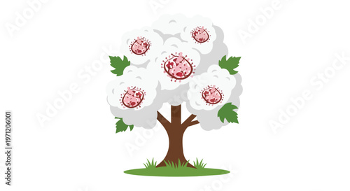 Conceptual Illustration of a Tree with Virus Cell Blossoms