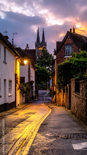 A narrow cobblestone street winds between charming buildings toward a distant church with twin spires, bathed in golden light. The sunset sky glows