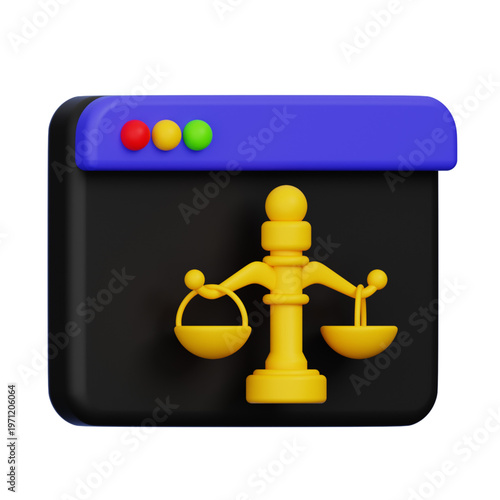 3D illustration of a scale of justice on a dark screen with colored dots, symbolizing legal technology and online justice