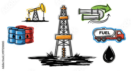Oil Industry Icons: Drilling Rig, Pumpjack, Fuel Truck, Barrels, Pipeline, Drop