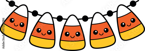 Cute cartoon candy corn string decoration with smiling faces isolated background