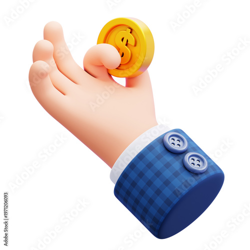 3D illustration of a cartoon hand holding a golden coin, symbolizing investment, savings, and financial growth