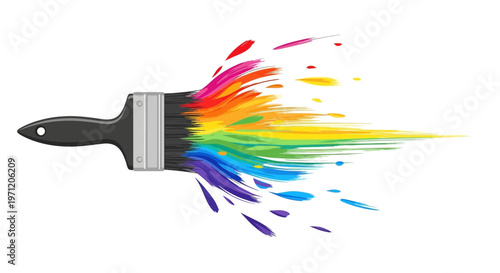 Paintbrush with rainbow paint splash, vibrant colors, artistic creation concept
