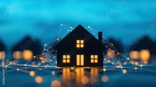 Miniature house model with glowing  connected by digital network lines at night