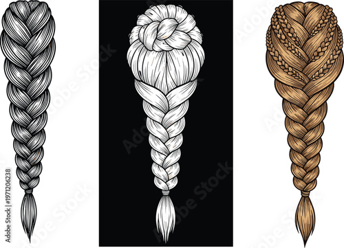 Braided Hair Styles Vector Illustration Set with Different Braid Hairstyles, Long Plait Hair Design Elements Collection