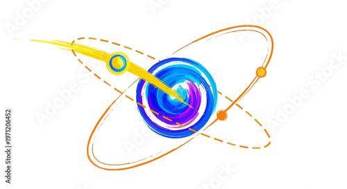Abstract Atomic Model Illustration with Orbiting Electrons and Swirling Core